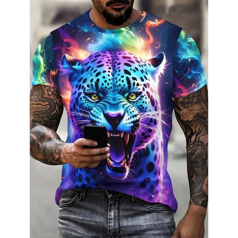 Men's T-shirt Men's Fashion Leopard Print Animal Print Casual Short Sleeved Round Neck T-shirt Loose Top