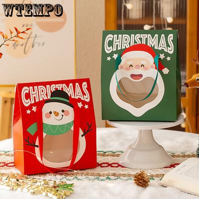 WTEMPO Clear Window Portable Gift Boxes with Handles DIY Foldable Christmas Series Pattern Printed Paper Bags