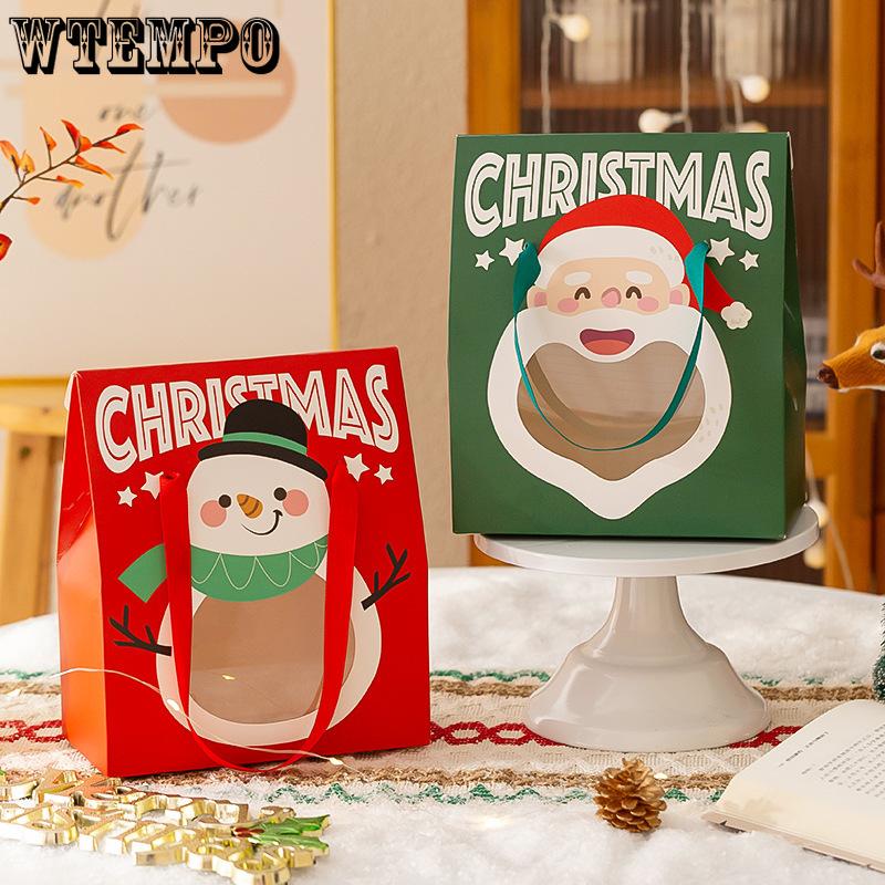 WTEMPO Clear Window Portable Gift Boxes with Handles DIY Foldable Christmas Series Pattern Printed Paper Bags