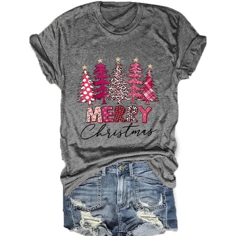 Letní dámská trička s krátkým rukávem, módní, ležérní, s 3D potiskem vánočního stromku a kulatým výstřihem