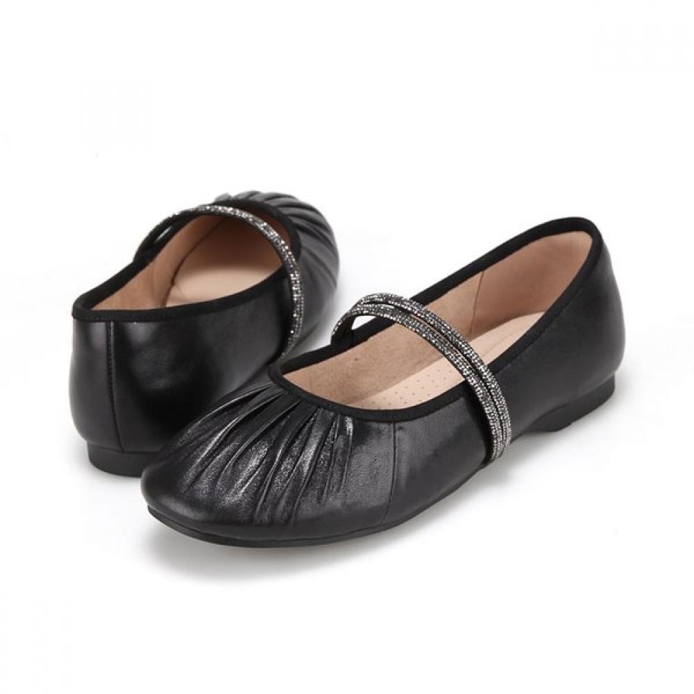 Barbara Lambskin Pleated Soft Jewel Strap Mary Jane Flat 1.5cm 2 Colors