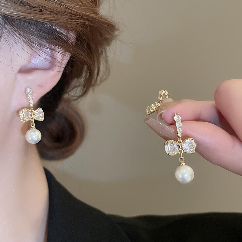Elegant Gold-Plated Bow & Faux Pearl Earrings with Silver Needle