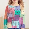 Children's Cute Cat 3D Digital Print Girl Casual and Comfortable Round Neck Long Sleeved T-shirt