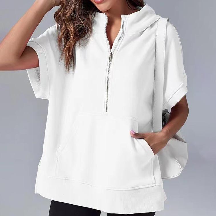 Ανοιξιάτικη Γυναικεία Μονόχρωμη Μόδα Casual Μπλούζα Φούτερ με Κουκούλα και Κοντό Μανίκι