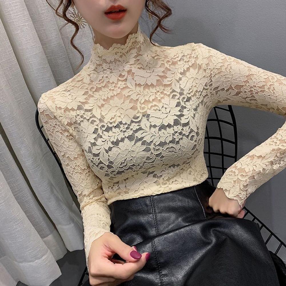 Autumn Spring Sexy Women Long Sleeve Lace Blouses High Collar Inner Wear Lace Crochet Shirt Base Tunic Top Perspective Vintage Bottom Blouse