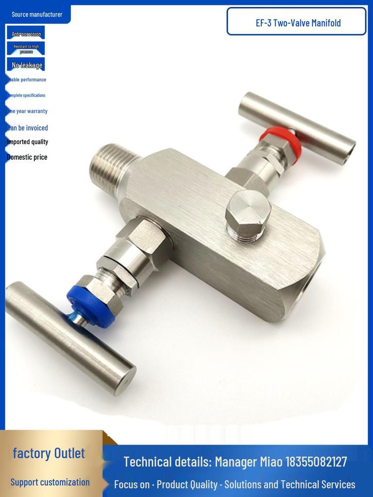 EF-3 Stainless Steel Integrated Two-Valve Manifold with Pressure Gauge and Double Thread.