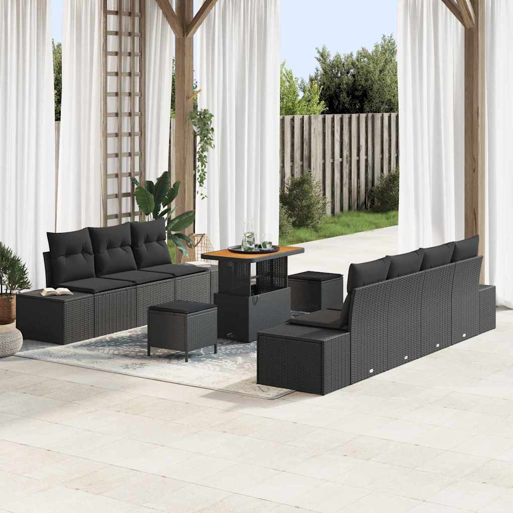 10 Piece Black Poly Rattan Garden Sofa Set with Cushions