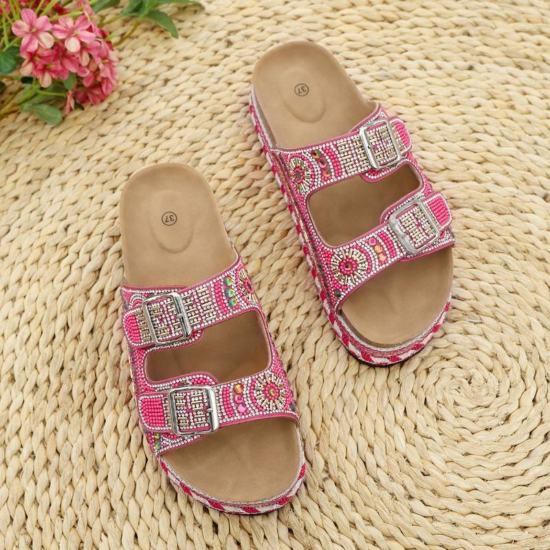 Women S Rhinestone Thick Sole Slide Sandals Soft Cork Belt Buckle Beach