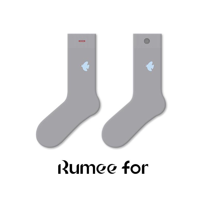 Deer Embroidery Mid-Calf Socks - Button Design, Women's Trendy Spring/Autumn Style