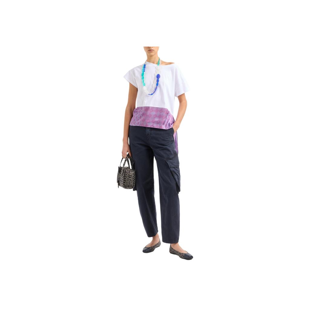 Emporio Armani Loose Fit Round Neck Printed Chiffon Spliced Short Sleeve Drop Shoulder T-Shirt Women tops White EW001524-AF12597-F0027