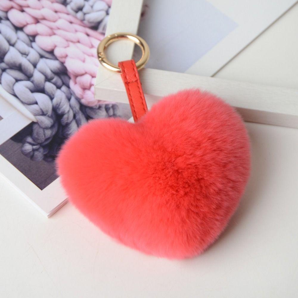 Rex Rabbit Fur Heart Fluffy Fur Keychain Cartoon Design Heart Plush Pendant  Bag Decoration
