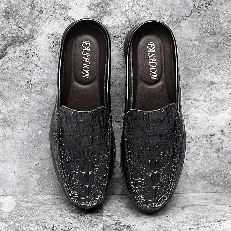 Genuine Leather Loafers Classic Half Shoes for Men Casual Shoes Crocodile Pattern Outdoor Half Slippers Non-slip Mules Moccasins