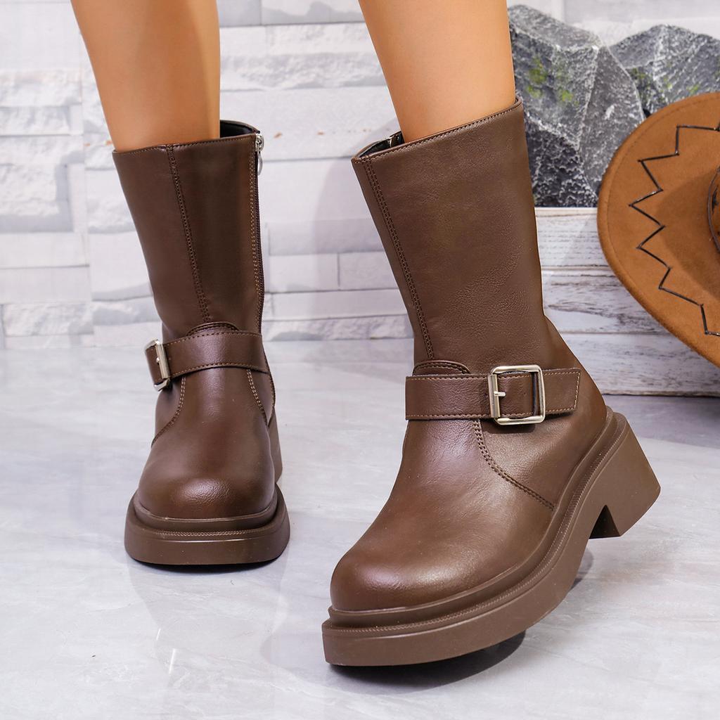Fashion Women's Brown Platform Motorcycle Boots Buckle Strap Chunky Heels Combat Boots Woman Fashion Zipper PU Leather Ankle Botas Mujer