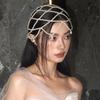 Retro Mesh Headdress with Imitation Pearl Forehead Chain Exquisite Bride Wedding Accessory Stylish Pearls Weave Hat Headpiece