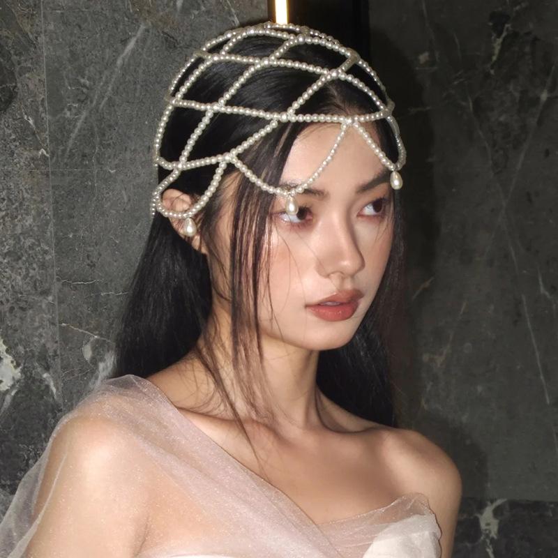 Retro Mesh Headdress with Imitation Pearl Forehead Chain Exquisite Bride Wedding Accessory Stylish Pearls Weave Hat Headpiece