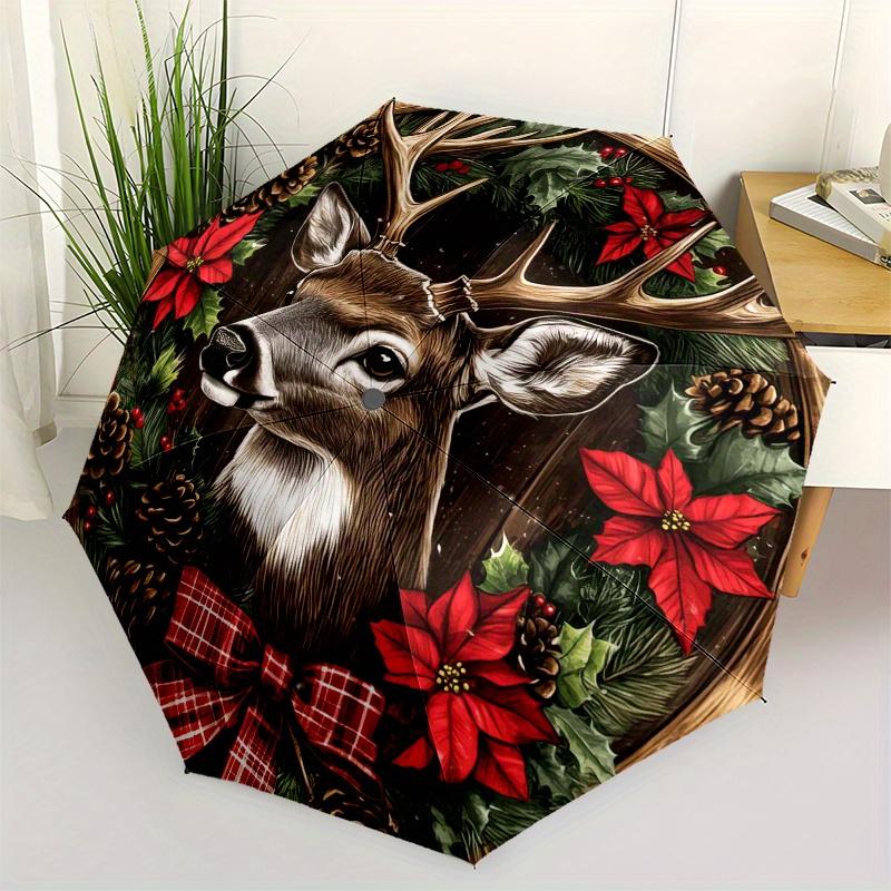 

Christmas Deer Wreath Ornament Decoration with Poinsettia and Pine Cones Umbrella, Cute Umbrella with Cute Design, Portable 3-Fold Compact Umbrella fo