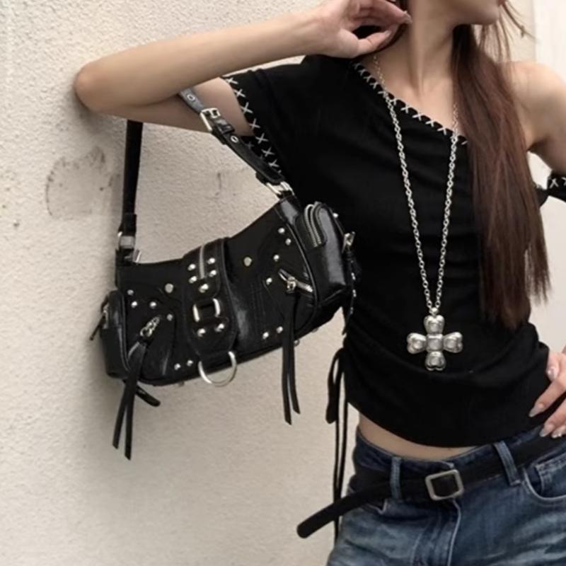 European American Y2k Studded Shoulder Bag Retro Motorcycle Bag Stylish Leopard Print Cow Print Handbag Designer Underarm Bag
