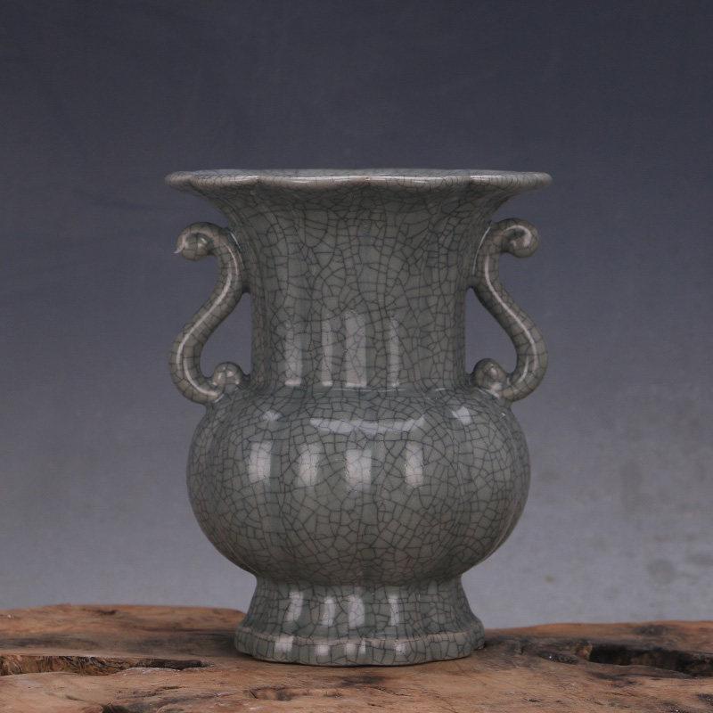 Song Dynasty Style Celadon Melon-Ribbed Double-Ear Vase Antique Imitation