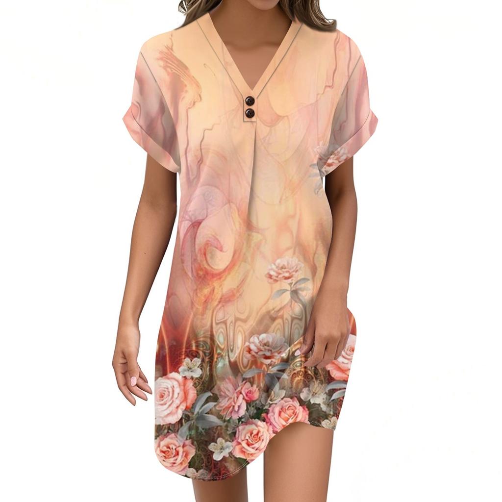 Women's V-neck Vintage Floral Print Pullover Casual Button Dress