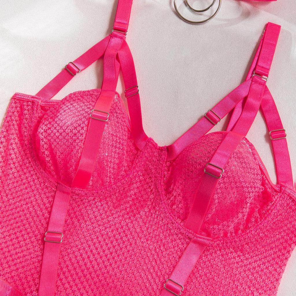 Sexy durchsichtiger Camisole-Body mit Mesh-Einsätzen, Bügel und Choker
