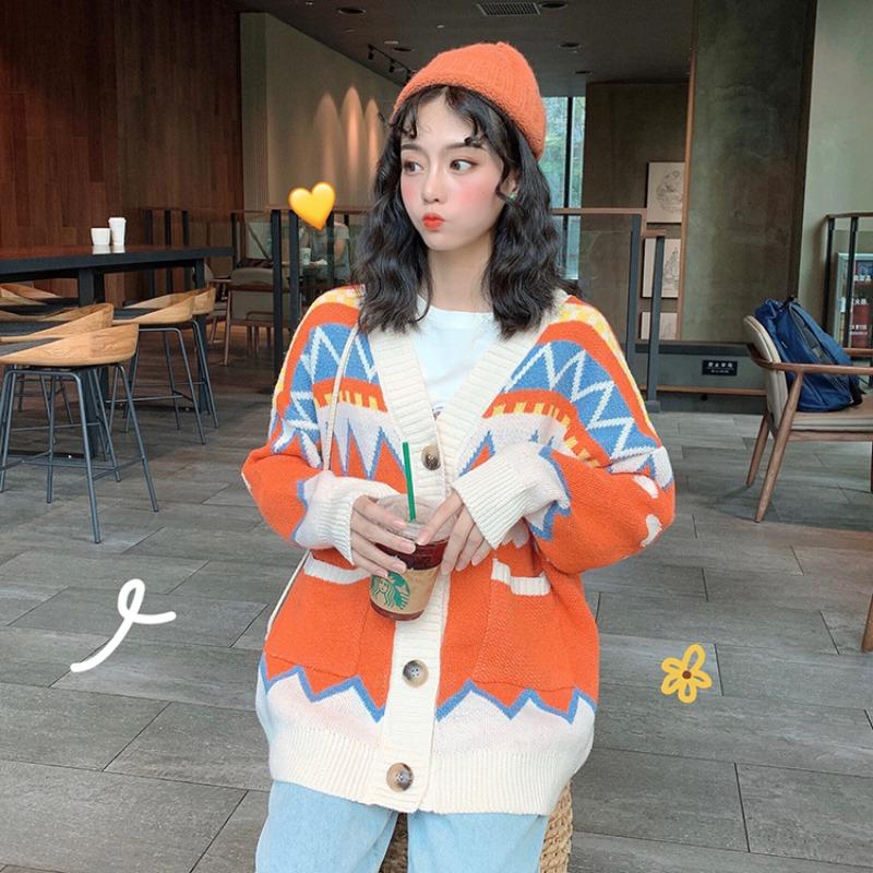 V-neck color lazy style Korean thick loose cardigan, autumn and winter new ladies gentle and cute sweater jacket 6010