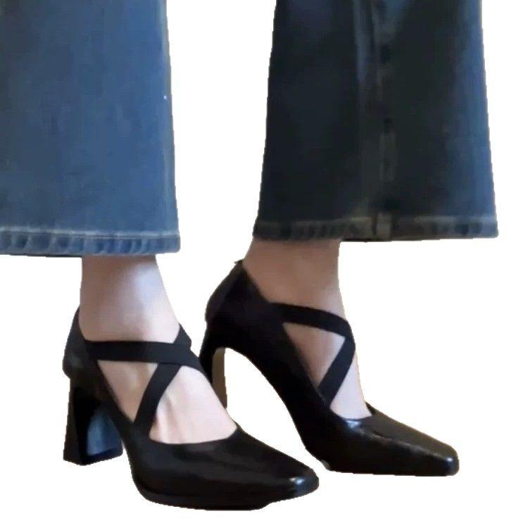 Crossed Elastic Band Retro Thick Heel Mary Jane Shoes Women's One-pedal High-heeled Single Shoes Pointed Ballet Shoes