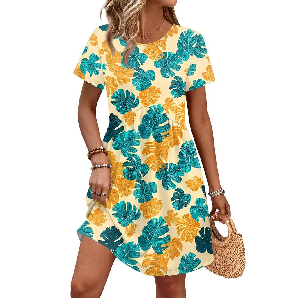 Dresses For Women Short Sleeve Print Round Neck Casual Dresses Waist Dress With Pockets