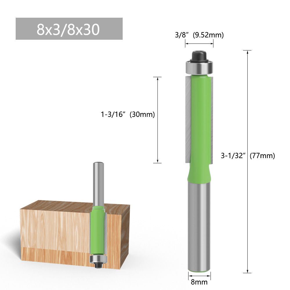 8mm Shank Bearing-Guided Trimming Router Bit - Double Flute Carbide Tipped Woodworking Edge Cutter for Flush Trim & Slotting