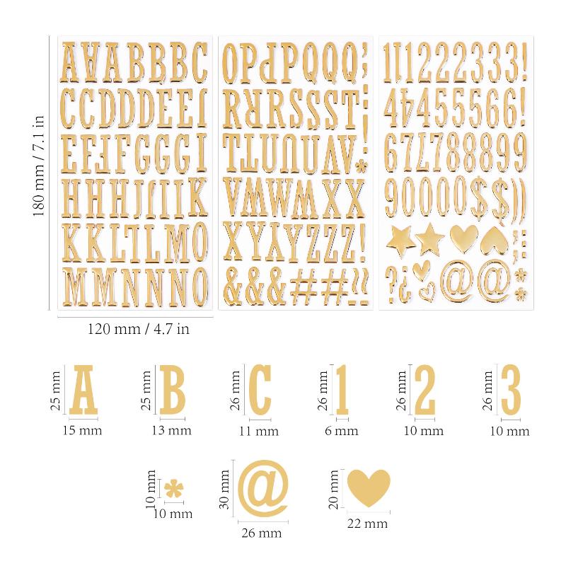 1/3 Sheets 3D Gold Letter Number Stickers Letters Stickers Self Adhesive Stickers For DIY Crafts Scrapbooking Decorative Decal