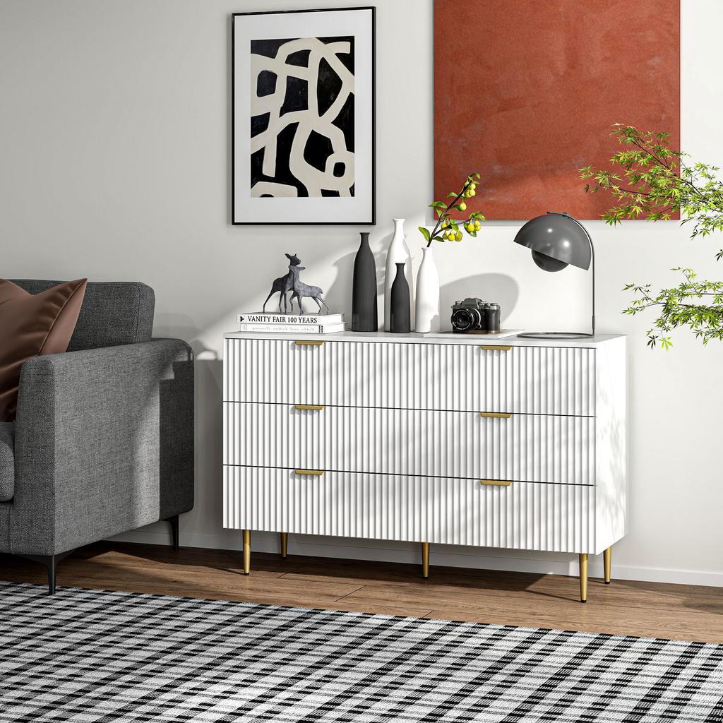 Modern 6-Drawer Chest with Golden Handles, 120x40x76.5cm, White