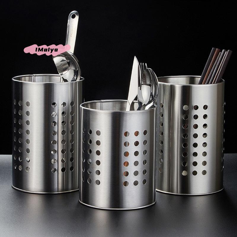 Stainless Steel Chopsticks Tube High-Capacity Kitchen Utensils Storage Bucket with Round Hole Hollowed Out Drain Feature