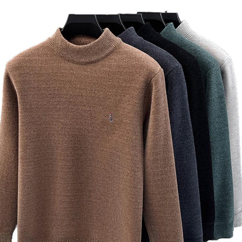 Men's Fleece-Lined Half-High Neck Knitted Sweater - Warm Embroidered Autumn/Winter Base Layer