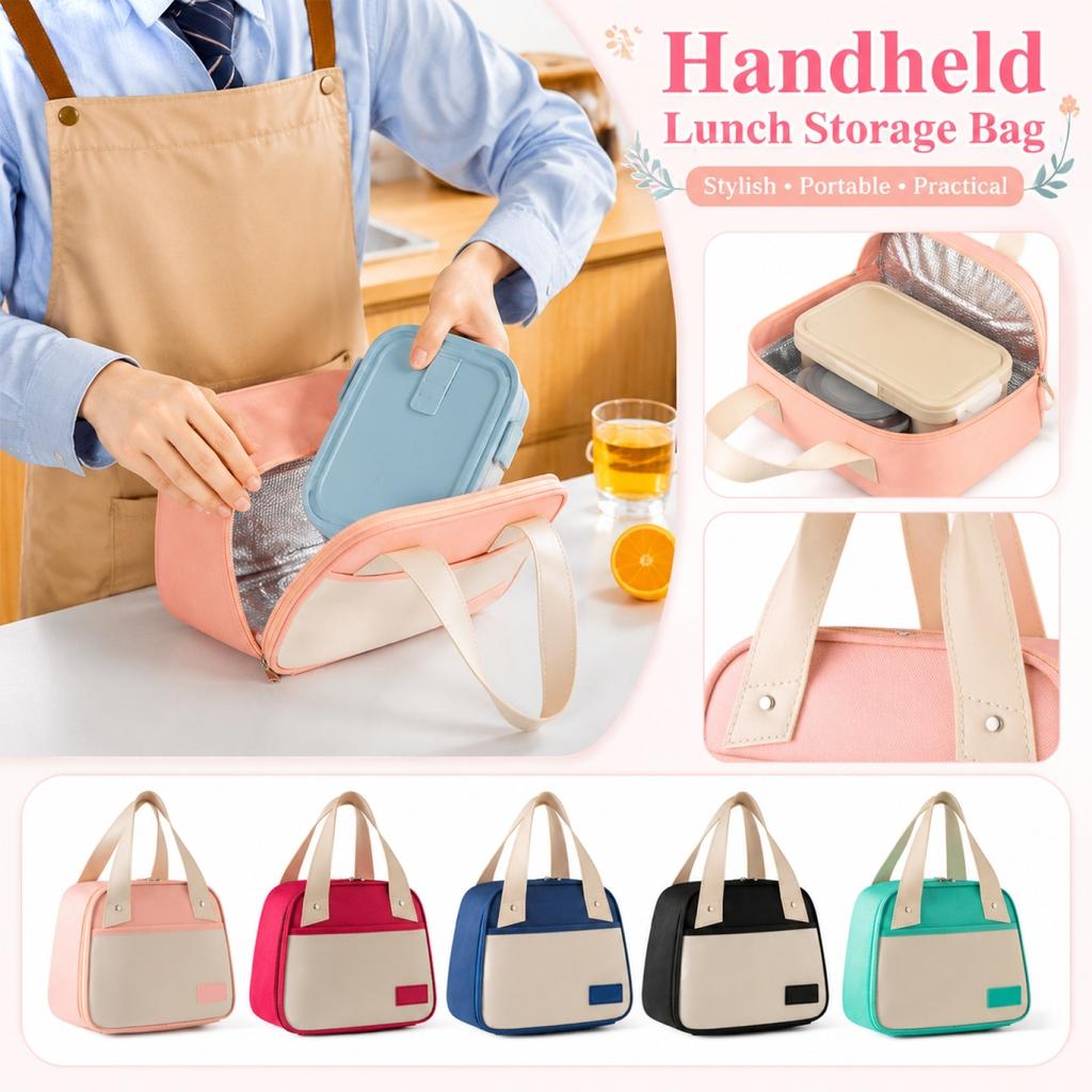 Oxford Cloth Trapezoidal Insulated Lunch Bag with Zipper Closure and Double Handles for Office School Picnic Travel Use