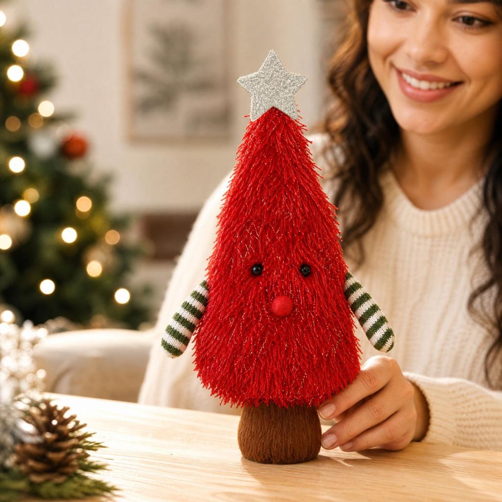 Cute Plush Christmas Tree Figurine with Gold Star for Tabletop Holiday Party Decor