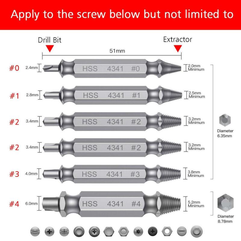 6PCS Screw Extractor Set for Damaged and Broken Bolt Removal High Hardness HSS Drill Bits with Double Headed Design