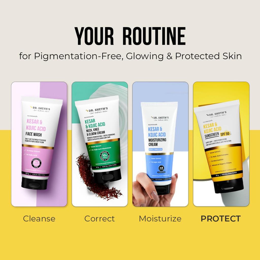 Dr. Sheth's Kesar & Kojic Acid Sunscreen SPF 50 Pa++++ 50 g Pack For Daily Moisturization
