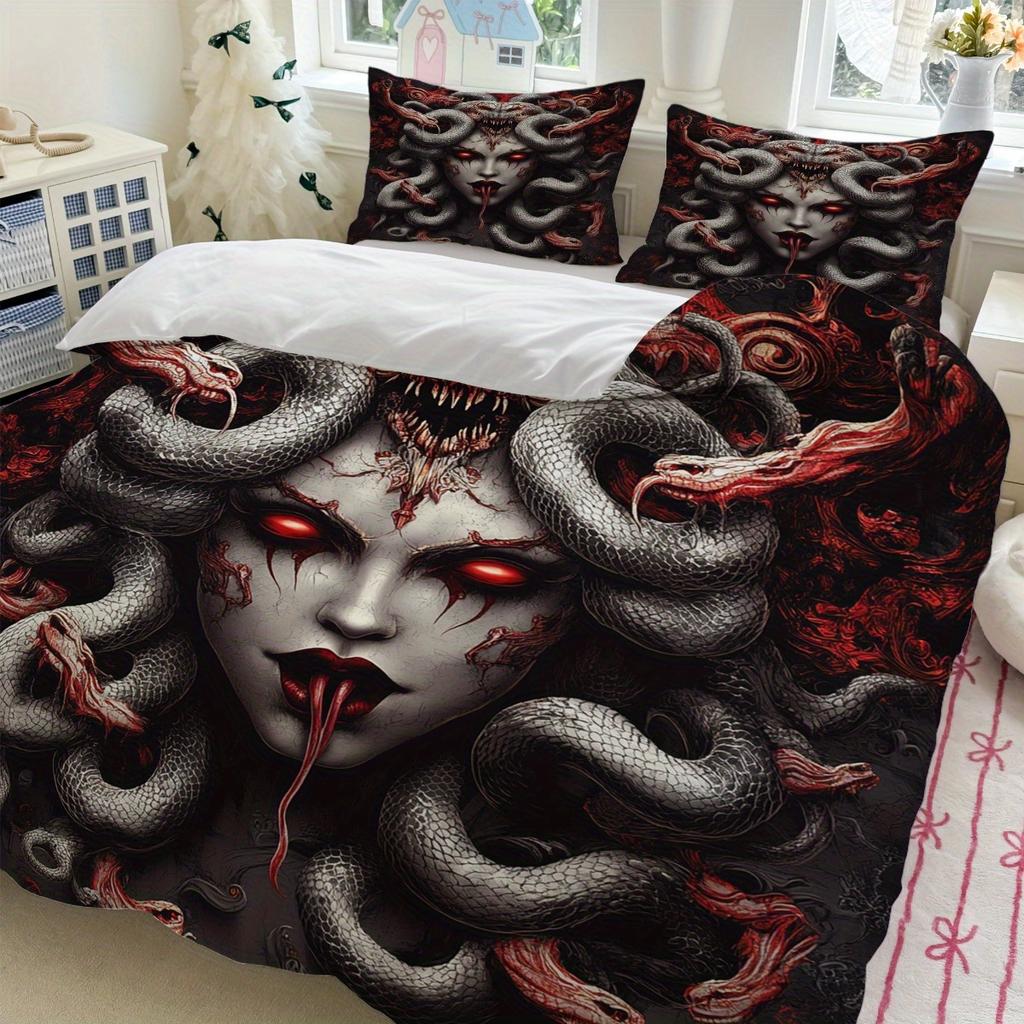 3pcs Gothic Medusa Beding Set Black Red Snake Print Soft Duvet Cover Set King Quen Twin Sized Dimensions Birthday Gift Bedrom Decor