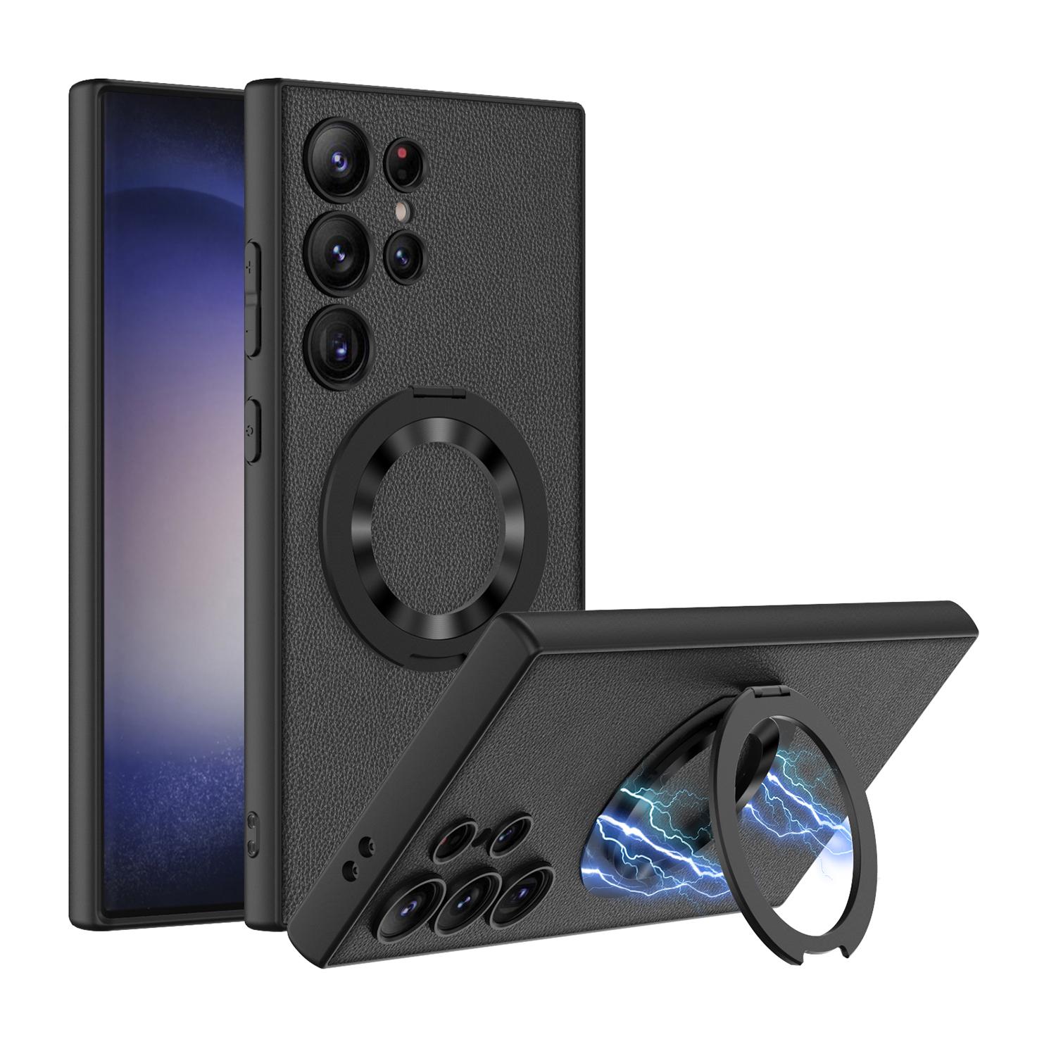 

Кожаный чехол с магнитным кронштейном для Samsung Galaxy S24 Ultra Plus 5G, чехол с кольцом, защита объектива камеры, противоударные чехлы для телефонов For S24