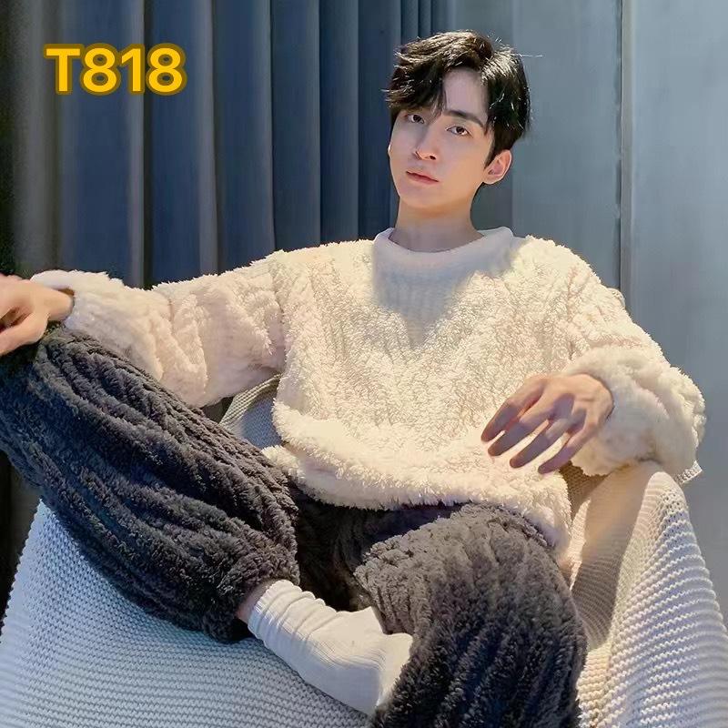 Men's pajamas coral fleece autumn and winter warm home leisure suits can be worn outside plush loungewear men's