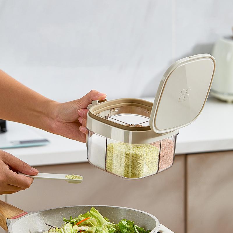 Seasoning Box With Lid And Spoon, 4 Compartment Spice Pots With Handle, Home Kitchen Condiment Jars For Sugar Salt Pepper