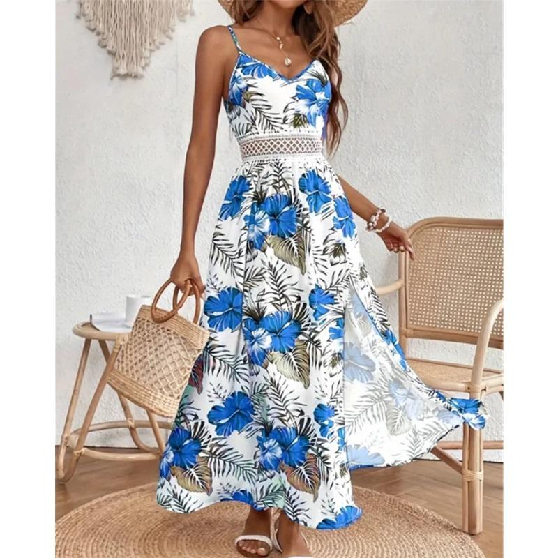 Summer European And American Style Ladies New Holiday Style Elegant Flower Print Dress Tight-fitting Waist Split Suspender Long Skirt