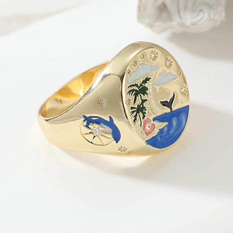 Vintage Hand Carved Beach Pattern Women's Ring Gold Color Metal Geometry Daily Wear Party Jewelry Anniversary Gift