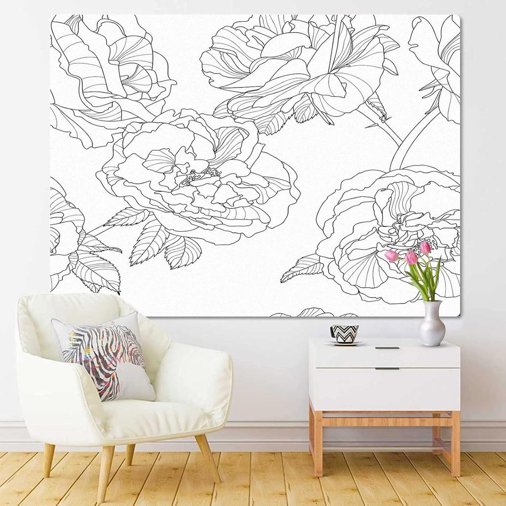 Minimalist Rose Line Art Tapestry, Black and White Floral Wall Hanging for Bedroom, Living Room & Modern Home Decor