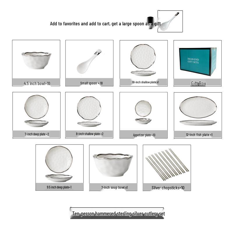 Elegant Hammered Silver Edge Ceramic Bowl & Plate Set - Perfect Housewarming Gift
