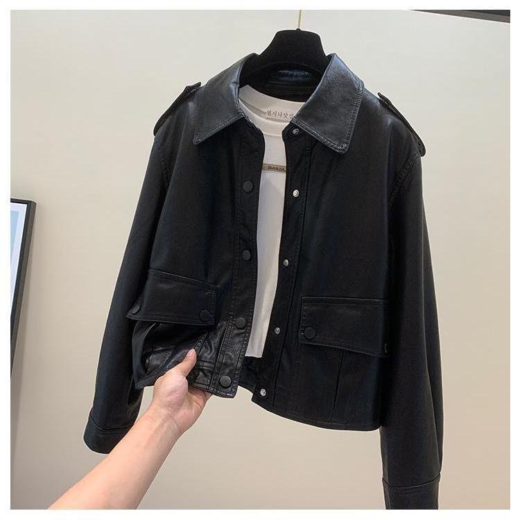 2025 Women's Plus Size Casual Leather Motorcycle Jacket with Turn-Down Collar