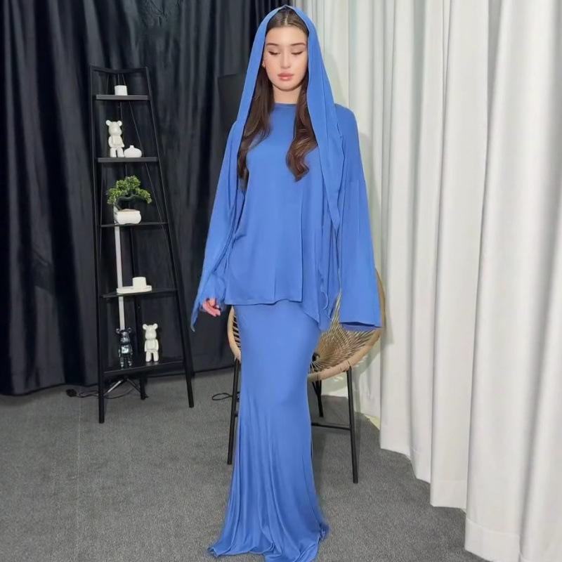 2025 Autumn Festival Europe and America Loose and Comfortable Versatile Commuter Long-sleeved Top Long Skirt Solid Color Jacket Three-piece Women's 
