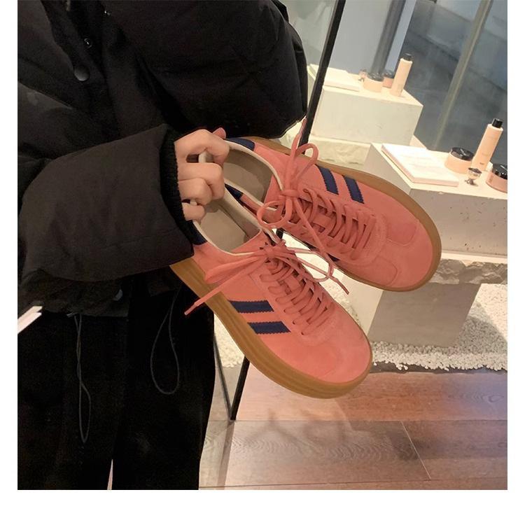 Cowhide version~ Grape mother spot dopamine three bars German training shoes color matching versatile round head casual platform casual shoes