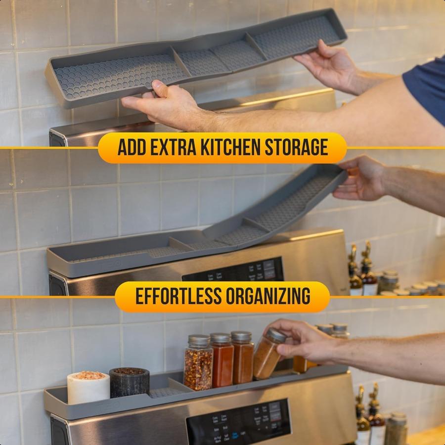 Magnetic Stove Top Shelf Black Silicone 30" Over the Stove Spice Rack Heat Resistant No Hassle Installation Dishwasher Safe Ove