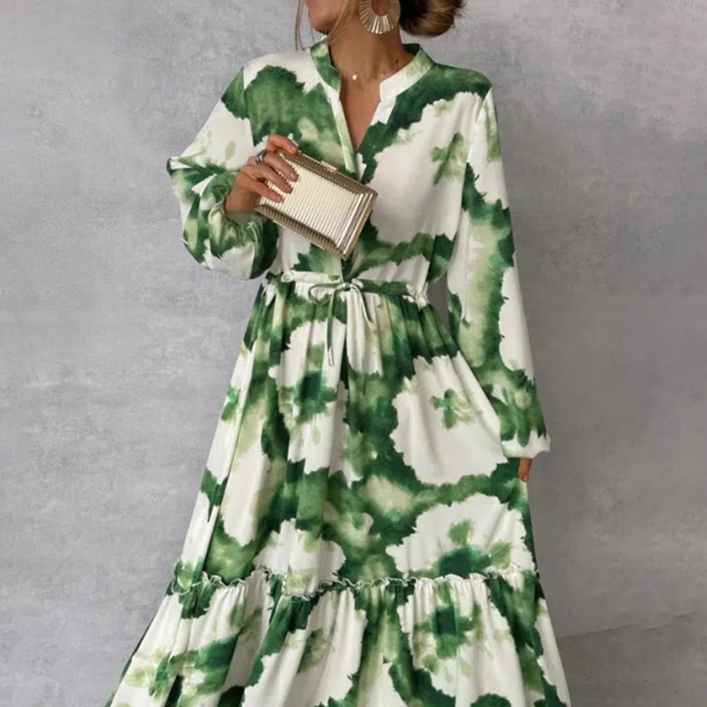 Šaty do áčka s výstřihem do V Elegantní maxi šaty s výstřihem do V a zvonovými rukávy Umělecký potisk pro maturitní plesy koktejlové večírky Dámské šaty