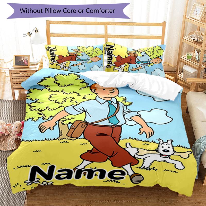Juego de Ropa de Cama de 3 Piezas con Nombre Personalizado Las Aventuras de Tintín Cierre de Funda Nórdica Incluye 1 Funda Nórdica y 2 Fundas de Almohada para Todas las Estaciones Decoración de Dormitorio